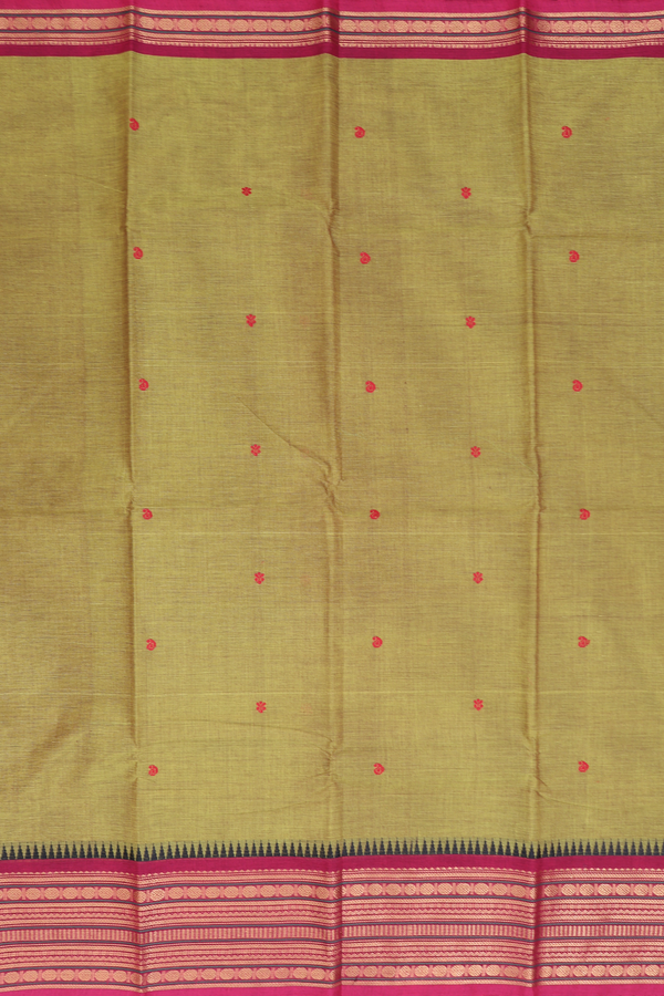 Chettinadu Cotton Saree In Olive Yellow With Floral Buttas