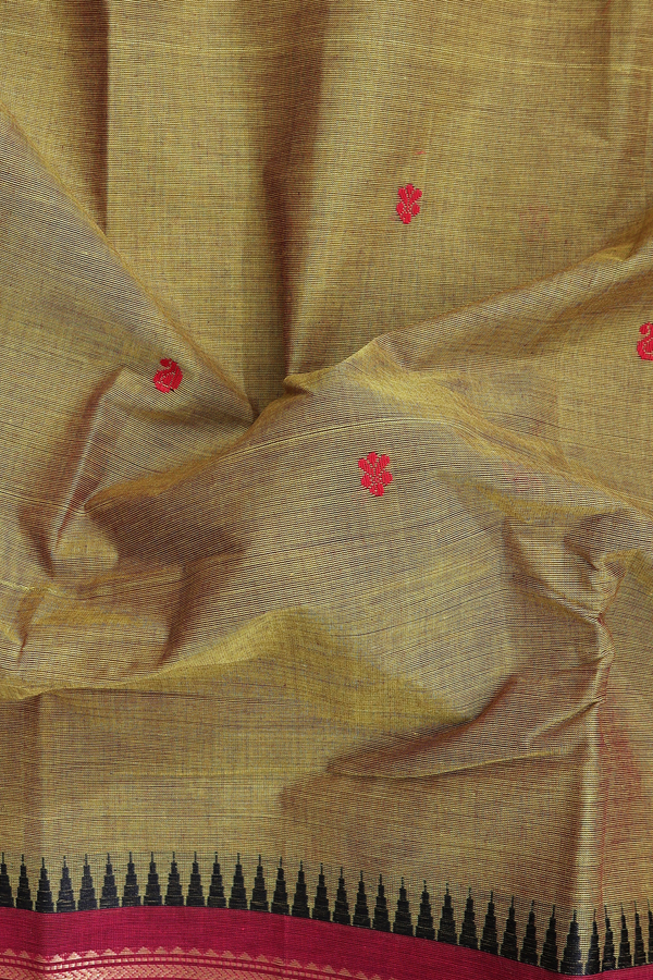 Chettinadu Cotton Saree In Olive Yellow With Floral Buttas