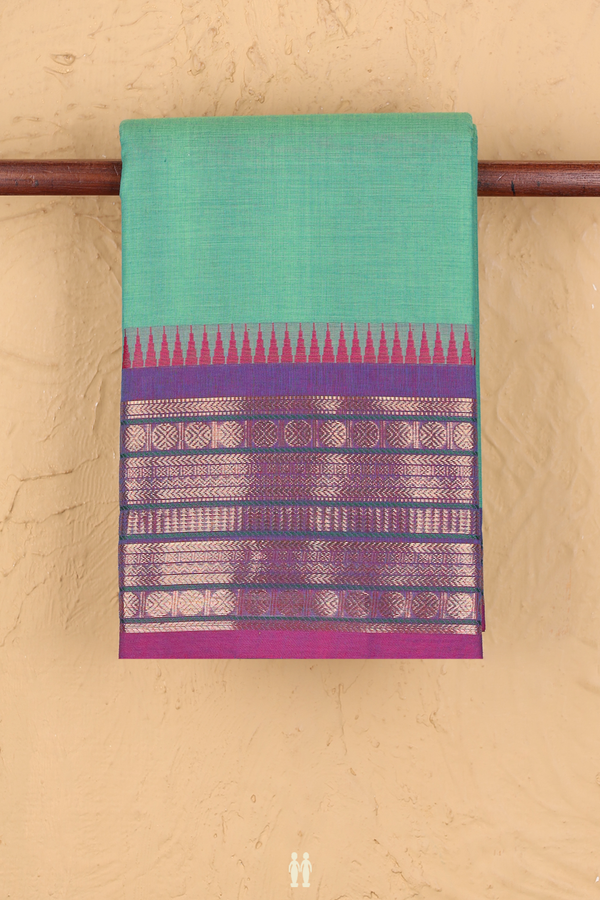 Chettinadu Cotton Saree In Sea Green With Threadwork Buttas