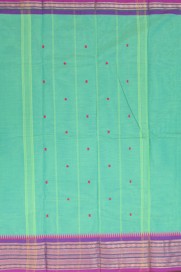 Chettinadu Cotton Saree In Sea Green With Threadwork Buttas