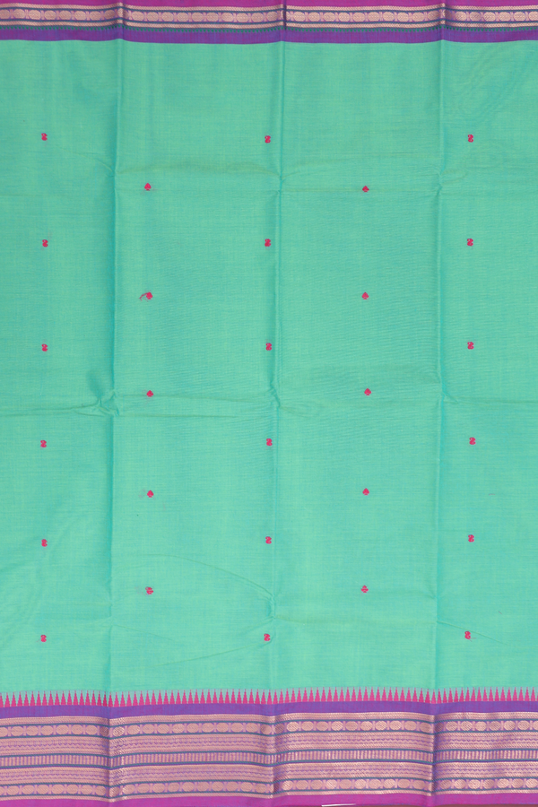 Chettinadu Cotton Saree In Sea Green With Threadwork Buttas