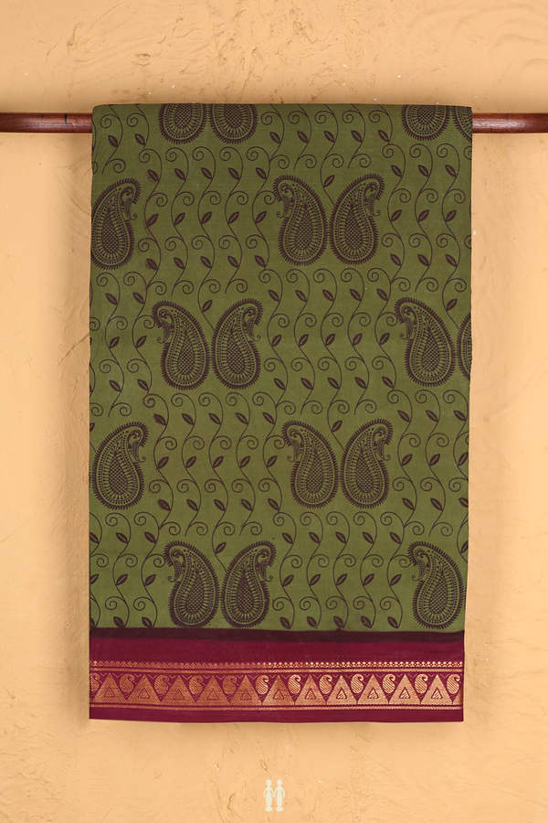 Sungudi Cotton Saree In Olive Green With Paisley Design