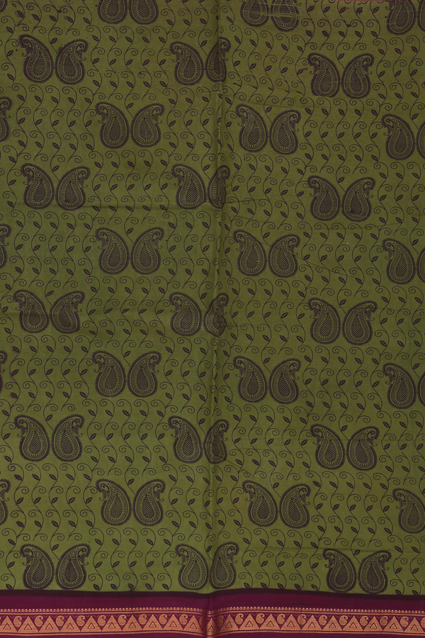 Sungudi Cotton Saree In Olive Green With Paisley Design