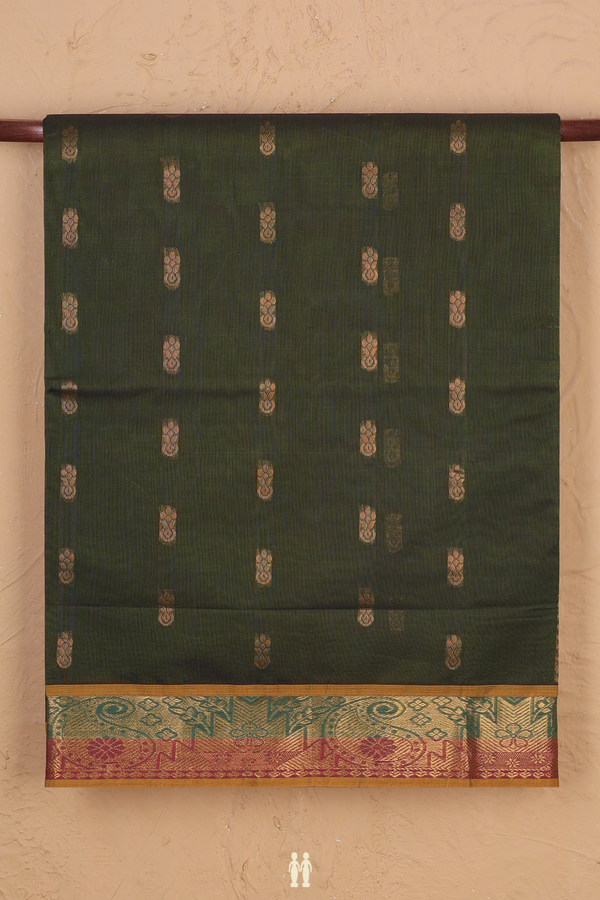 Venkatagiri Cotton Saree In Olive Green With Zari Buttas