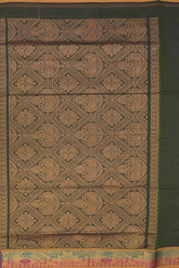 Venkatagiri Cotton Saree In Olive Green With Zari Buttas