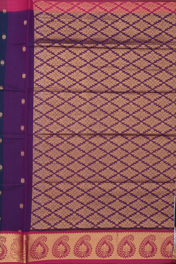 Venkatagiri Cotton Saree In Navy Blue With Zari Buttas