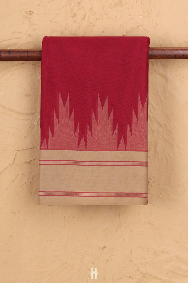 Kanchi Cotton Saree In Burgundy Red With Temple Border