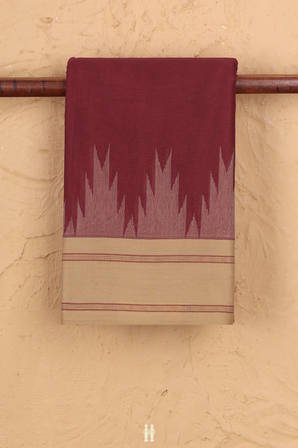 Kanchi Cotton Saree In Burgundy Red With Temple Border
