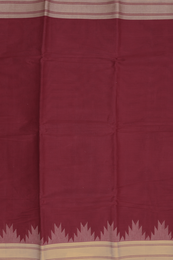 Kanchi Cotton Saree In Burgundy Red With Temple Border