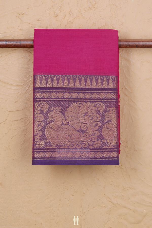 Chettinadu Cotton Saree In Dark Pink With Peacock Border