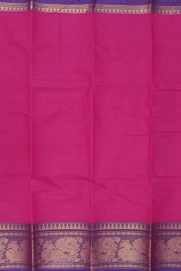 Chettinadu Cotton Saree In Dark Pink With Peacock Border