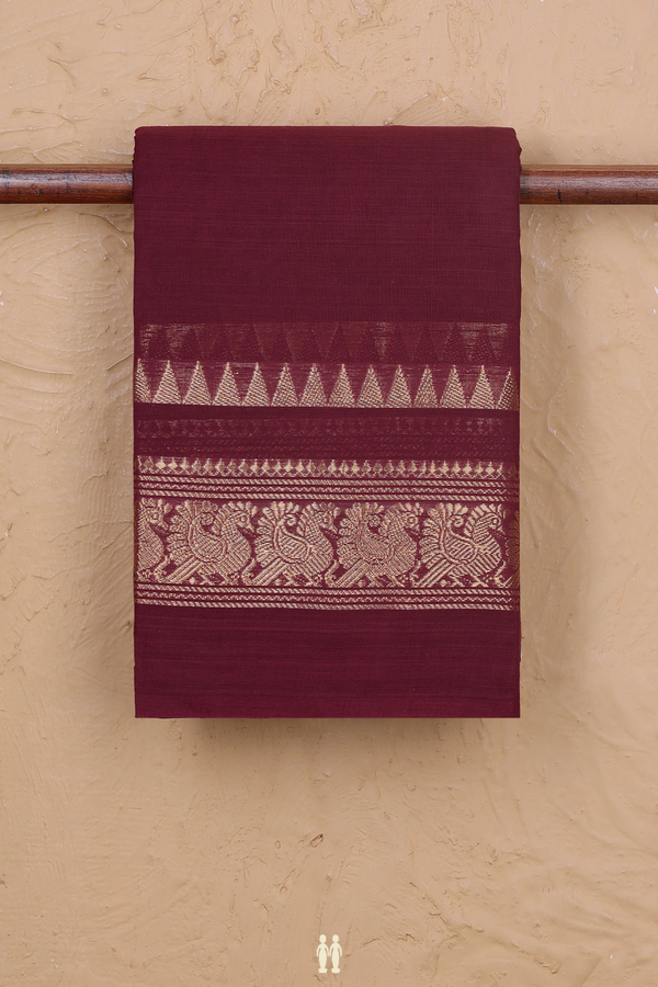 Chettinadu Cotton Saree In Dark Maroon With Peacock Border