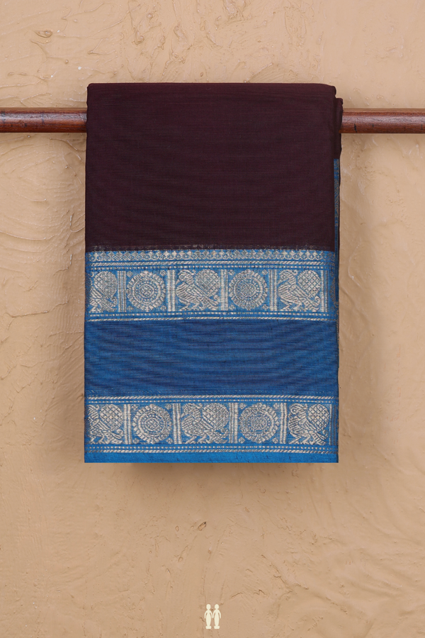 Chettinadu Cotton Saree In Dark Oak Brown With Contrast Border