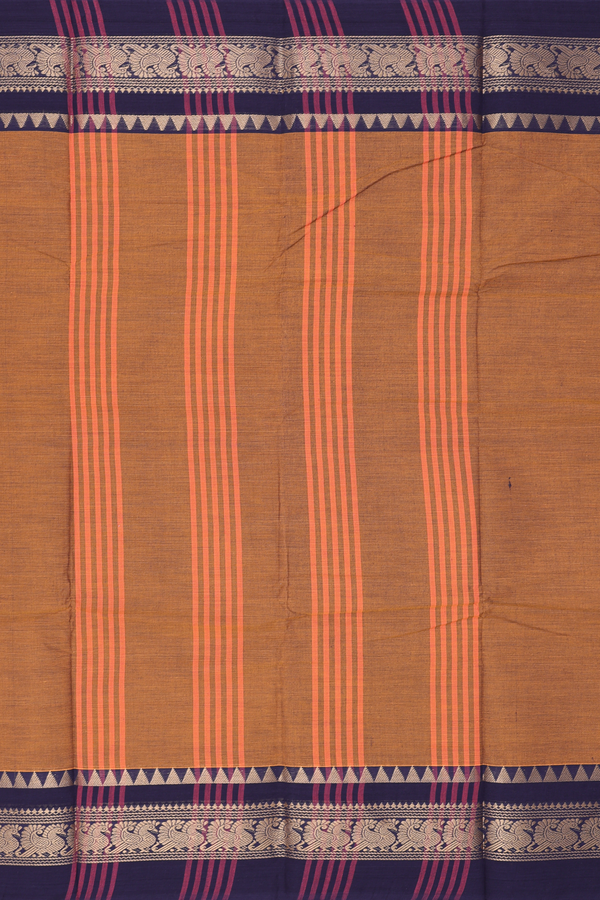 Chettinadu Cotton Saree In Brown With Peacock Border