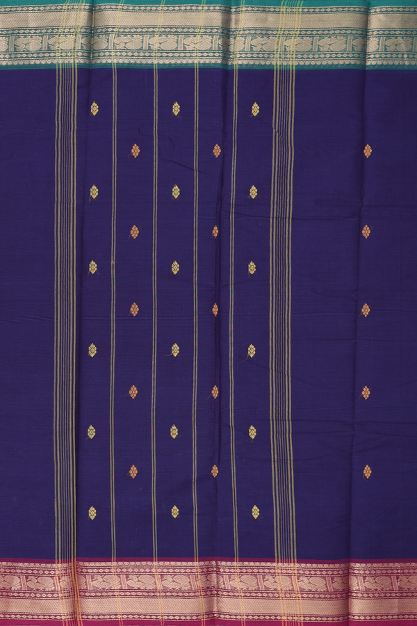 Chettinadu Cotton Saree In Navy Blue With Threadwork Buttas