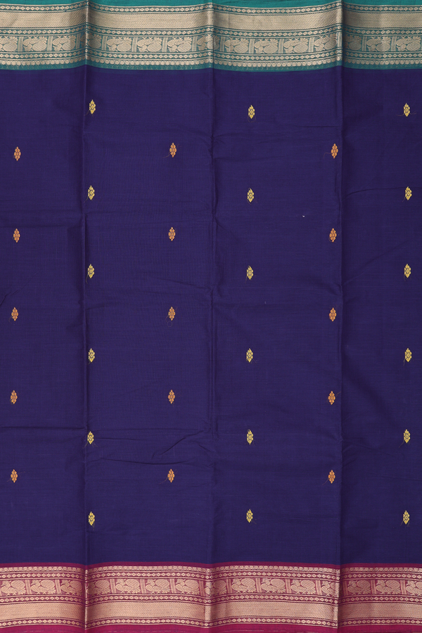 Chettinadu Cotton Saree In Navy Blue With Threadwork Buttas