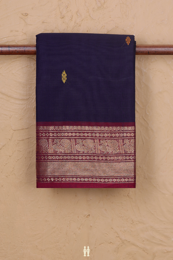 Chettinadu Cotton Saree In Navy Blue With Threadwork Buttas