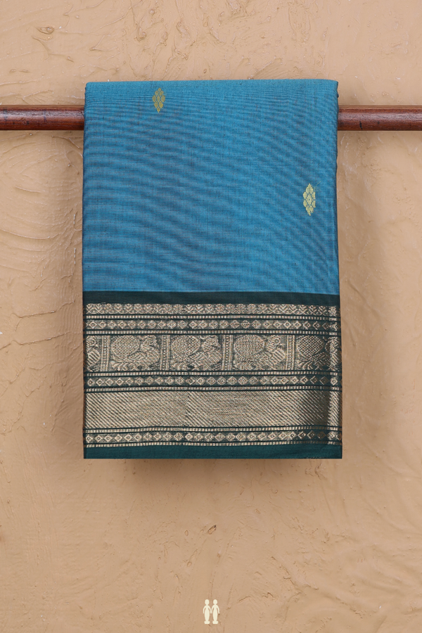Chettinadu Cotton Saree In Blue With Threadwork Buttas