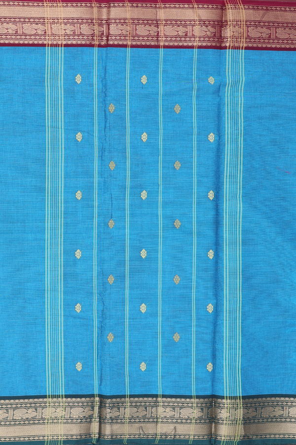 Chettinadu Cotton Saree In Blue With Threadwork Buttas