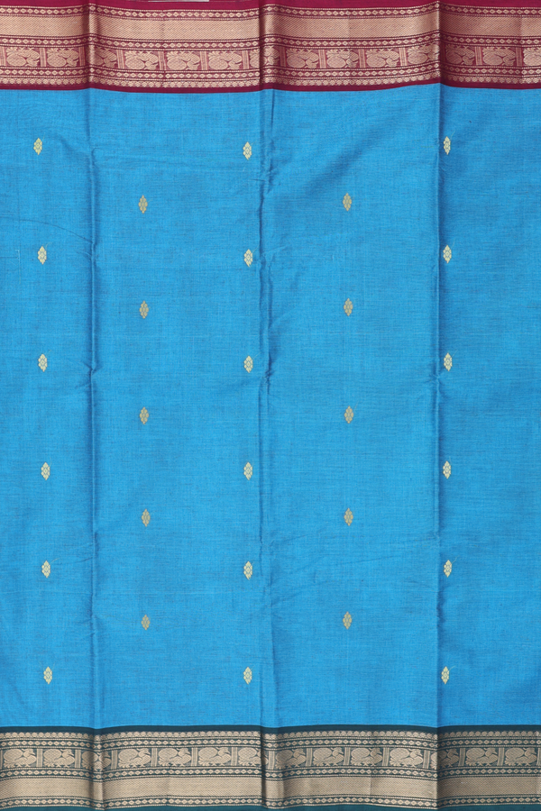 Chettinadu Cotton Saree In Blue With Threadwork Buttas