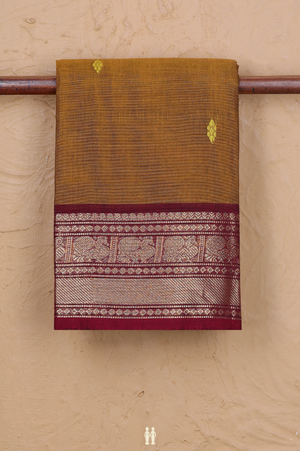 Chettinadu Cotton Saree Golden Brown With Threadwork Buttas