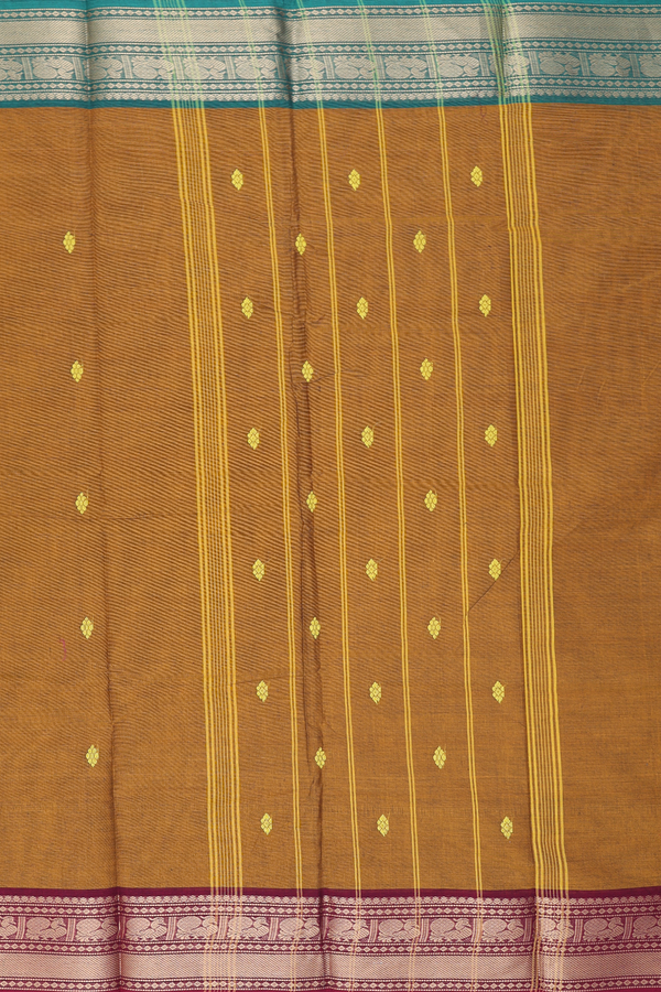 Chettinadu Cotton Saree Golden Brown With Threadwork Buttas