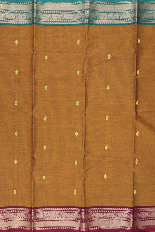 Chettinadu Cotton Saree Golden Brown With Threadwork Buttas