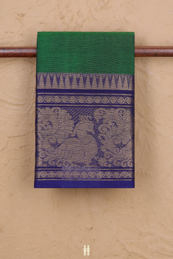Chettinadu Cotton Saree In Forest Green With Peacock Border