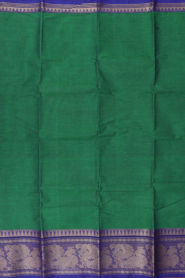 Chettinadu Cotton Saree In Forest Green With Peacock Border