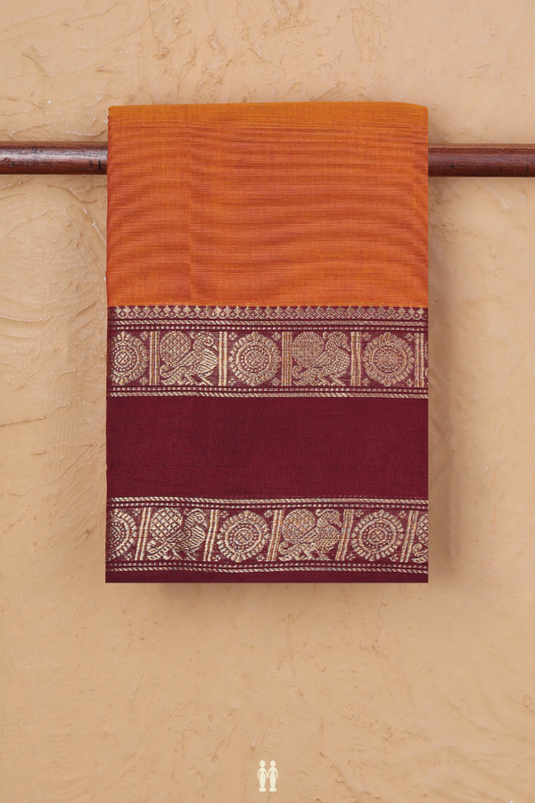 Chettinadu Cotton Saree In Ochre Orange With Peacock Border