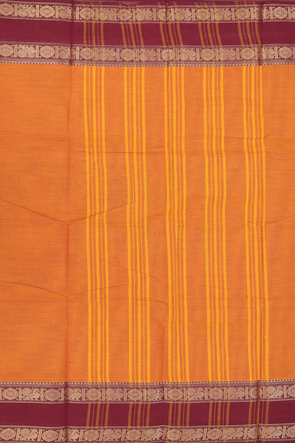 Chettinadu Cotton Saree In Ochre Orange With Peacock Border