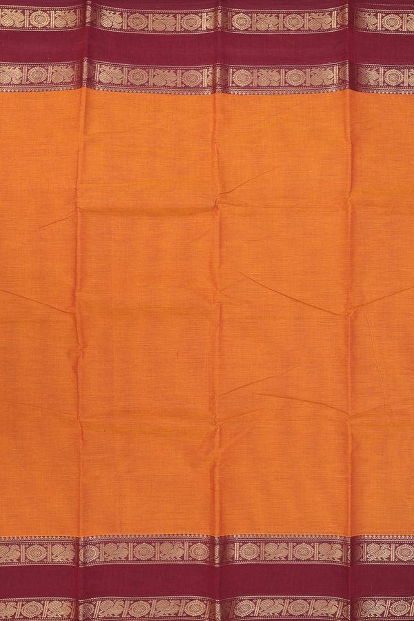 Chettinadu Cotton Saree In Ochre Orange With Peacock Border