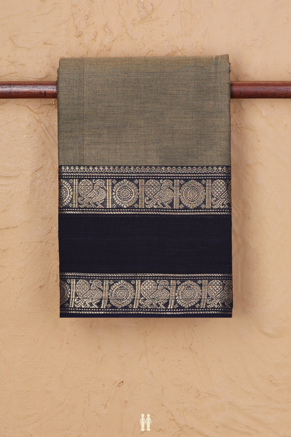 Chettinadu Cotton Saree In Dusty Olive With Peacock Border
