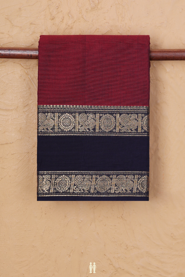 Chettinadu Cotton Saree In Red With Peacock Border