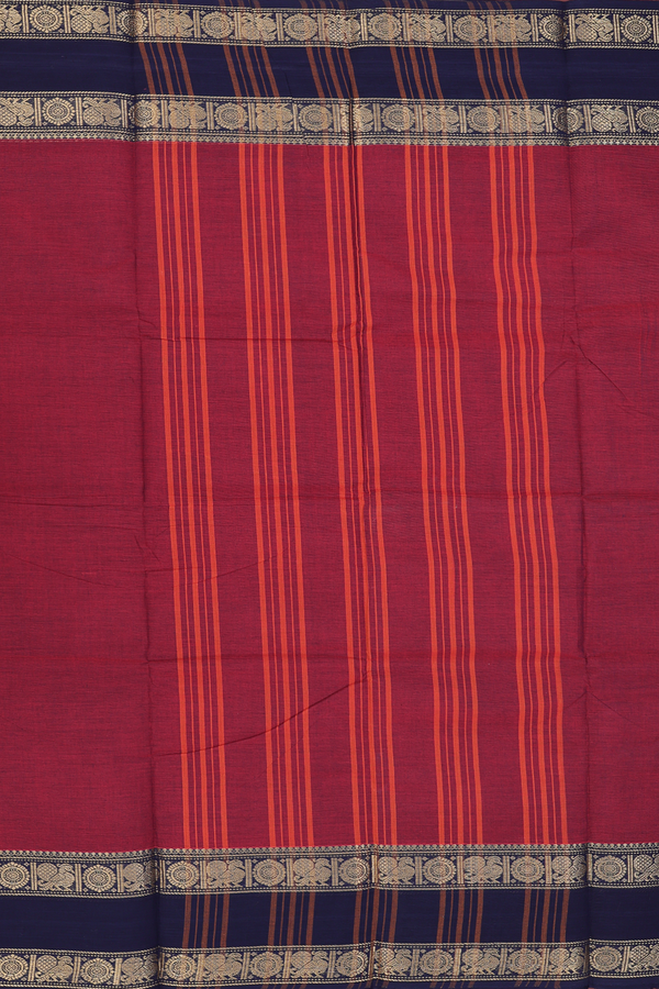 Chettinadu Cotton Saree In Red With Peacock Border