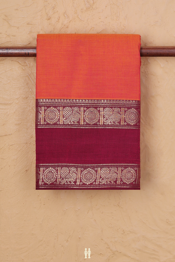 Chettinadu Cotton Saree In Orange With Peacock Border