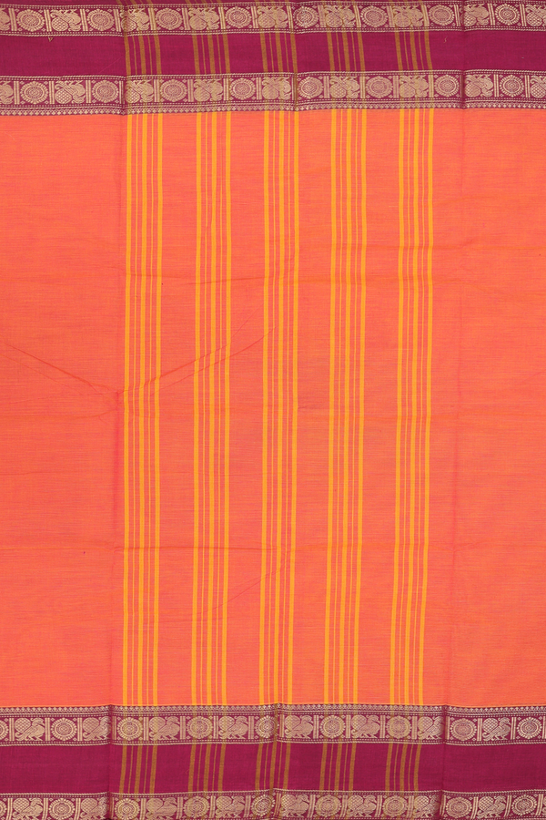 Chettinadu Cotton Saree In Orange With Peacock Border