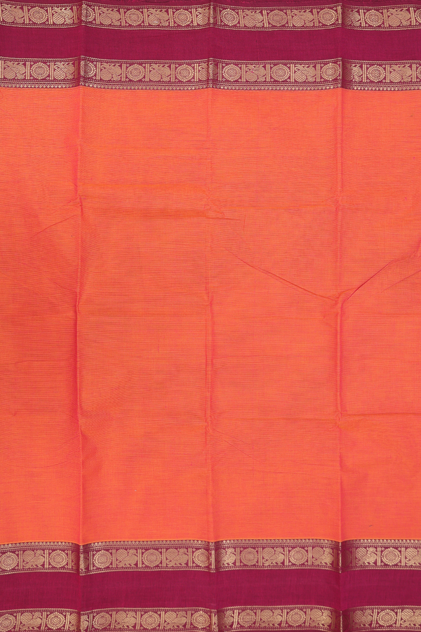 Chettinadu Cotton Saree In Orange With Peacock Border