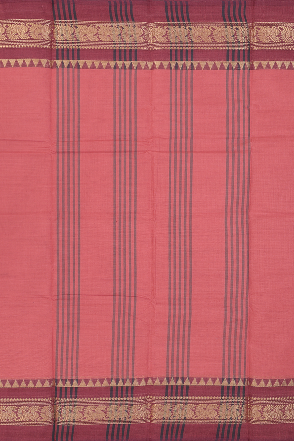 Chettinadu Cotton Saree In Dusty Orange With Peacock Border