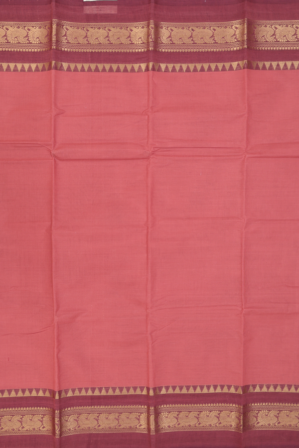 Chettinadu Cotton Saree In Dusty Orange With Peacock Border