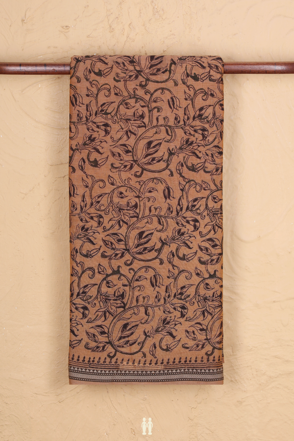 Printed Mangalagiri Cotton Saree In Brown With Leaf Design