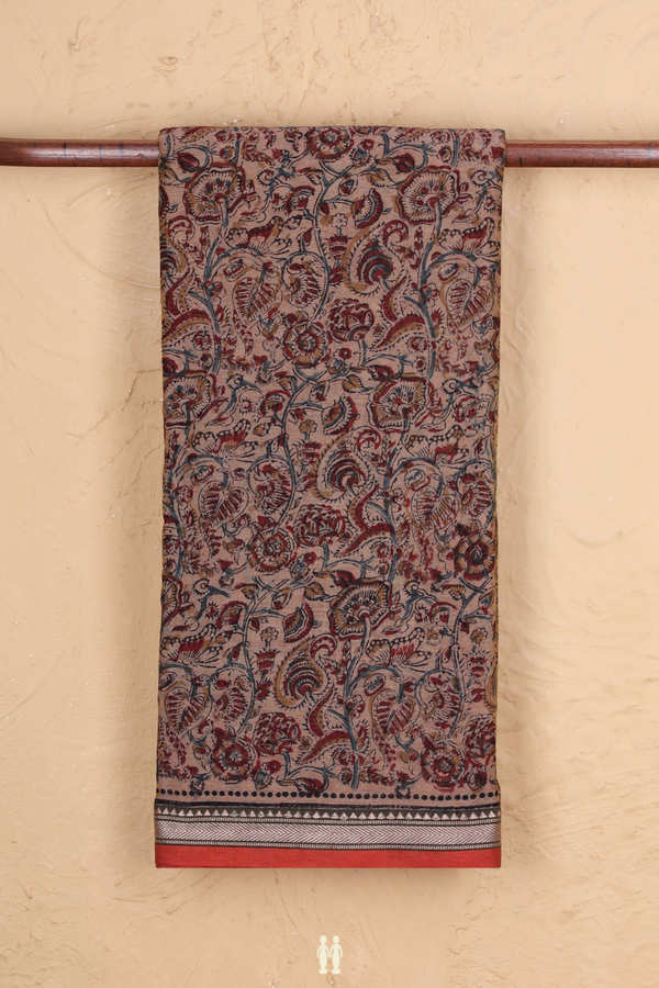 Printed Mangalagiri Cotton Saree In Brown With Floral Design