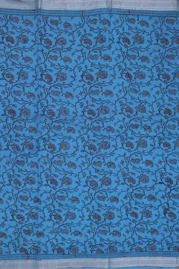 Mangalagiri Cotton Saree In Cerulean Blue With Paisley Design