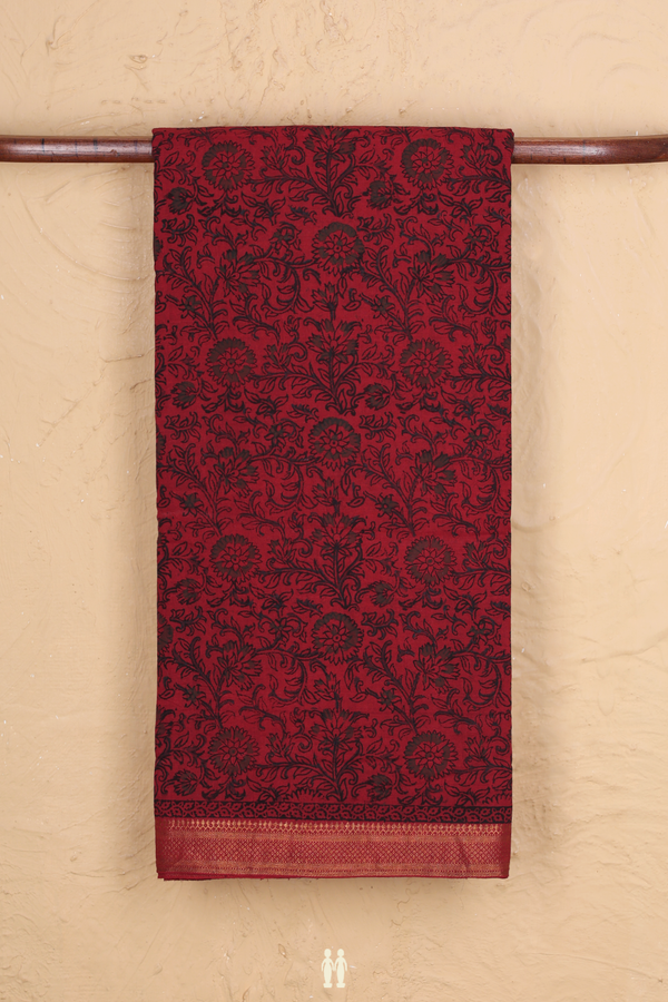 Printed Mangalagiri Cotton Saree In Red With Floral Design