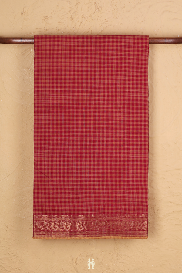 Mangalagiri Cotton Saree In Crimson Red With Checks Design