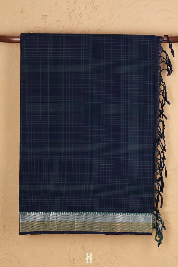 Mangalagiri Cotton Saree In Oxford Blue With Checks Design