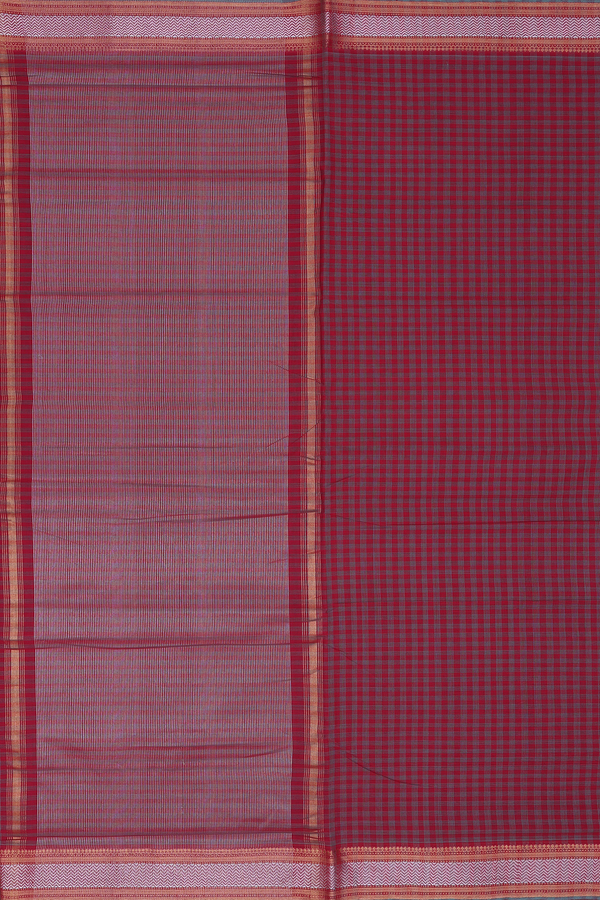 Mangalagiri Cotton Saree In Crimson Red With Checks Design