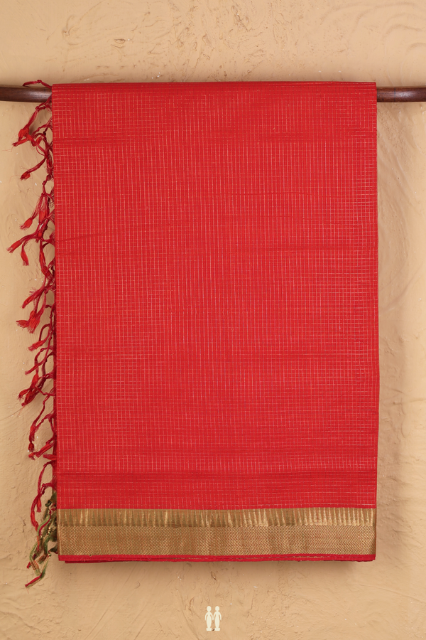 Mangalagiri Cotton Saree In Chilli Red With Checks Design