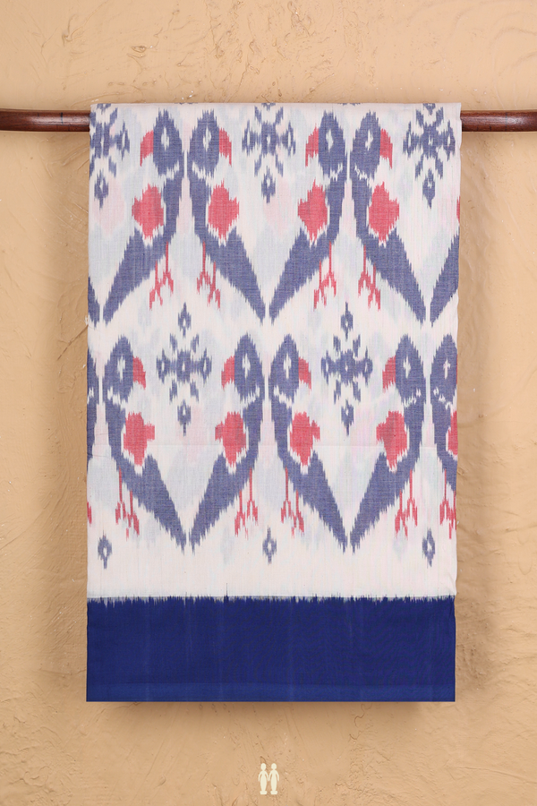 Pochampally Cotton Saree In White With Parrot Design