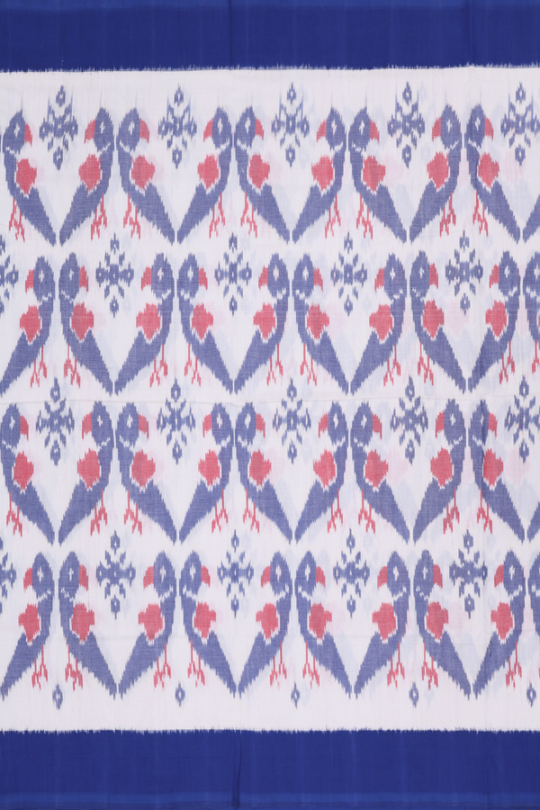 Pochampally Cotton Saree In White With Parrot Design